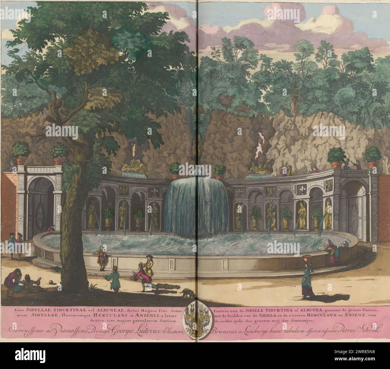Fontana della Sibilla Tiburtina nel giardino della Villa d'Este a Tivoli, Fons Sibyllae Tiburtinae vel albuneae, dictus Magnus Fons Statuarum Sibylla (...)/ Fontana della Sibilla Tiburtina o Albunea, chiamata la grande Fontana (...) (Titolo sull'oggetto), Vista della Fontana della Sibilla Tiburtina nel giardino della Villa d'Este a Tivoli. Titolo in latino e olandese nel margine inferiore. La stampa fa parte di un album., stampatore: Pieter Schenk (i), Anna Beeck, Pieter Schenk (i), stampatore: Amsterdam, l'Aia, 1670 - 1711 e/o 1693 - 1717, carta, incisione Foto Stock