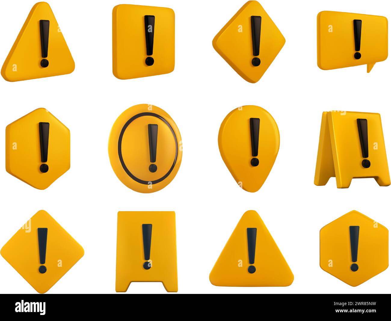 Segnale di avvertimento 3D giallo. I simboli di pericolo con punti esclamativi, le icone di attenzione e di avvertenza di sicurezza rendono realistico il set di illustrazioni vettoriali Illustrazione Vettoriale