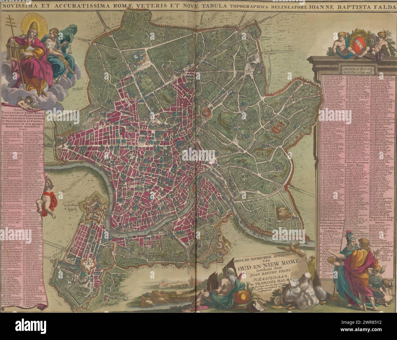Mappa di Roma, Novissima et accuratissima Romae veteris et novae tabula topograohica delineatore Ioanne Baptista Falda (titolo sull'oggetto), immagine nuova e accurata della vecchia e nuova Roma disegnata da Joan Baptist Falda (titolo sull'oggetto), Mappa di Roma. Elenchi a sinistra e a destra con numeri esplicativi. In alto a sinistra la personificazione della chiesa (Basilica di San Pietro) su una nuvola con Giustitia. In basso a destra la Lupa Capitolina, un dio del fiume (il Tevere), rovine, e Roma che parla con un uomo. La stampa fa parte di un album., stampatore: Jan Goeree, Giovanni Battista Falda, editore: Francois Halma Foto Stock