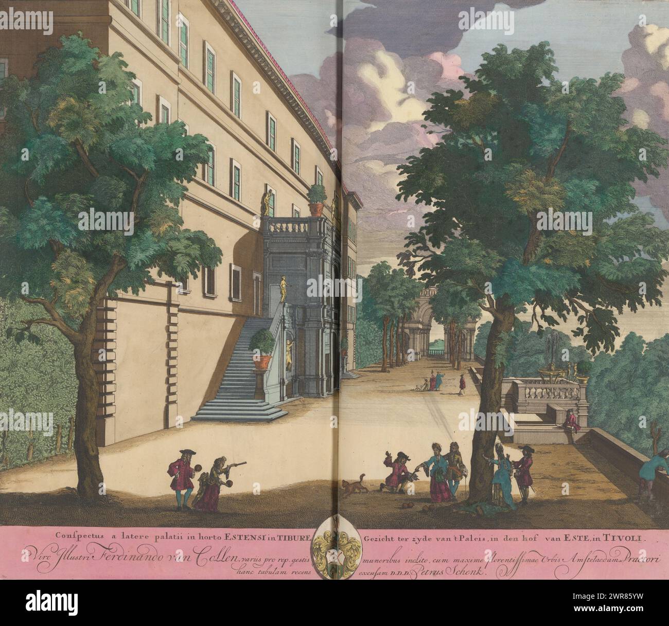 Villa d'Este a Tivoli, Conspectus a later palatii in horto Estensi in Tibure / Vista sul lato del Palazzo, nella corte d'Este, a Tivoli (titolo su oggetto), Vista sul lato della Villa d'Este a Tivoli e parte del giardino. Titolo in latino e olandese nel margine inferiore. La stampa fa parte di un album., stampatore: Pieter Schenk (i), Anna Beeck, Pieter Schenk (i), stampatore: Amsterdam, l'Aia, 1670 - 1711 e/o 1693 - 1717, carta, incisione, altezza 495 mm x larghezza 590 mm, stampa Foto Stock