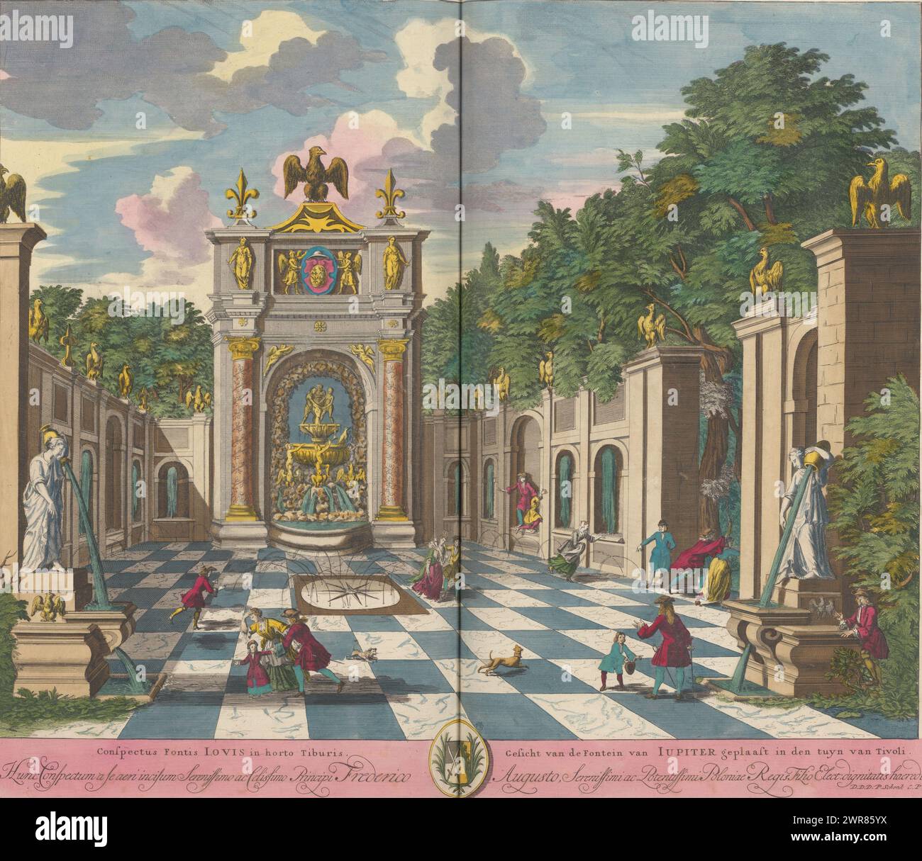Fontana di Giove nel giardino di Villa d'Este a Tivoli, Conspectus Fontis Iovis in horto Tiburis / Vista della Fontana di Giove collocata nel giardino di Tivoli (titolo su oggetto), Vista della fontana di Giove nel giardino di Villa d'Este a Tivoli. Titolo in latino e olandese nel margine inferiore. La stampa fa parte di un album., stampatore: Pieter Schenk (i), Anna Beeck, sconosciuto, stampatore: Amsterdam, l'Aia, 1670 - 1711 e/o 1693 - 1717, carta, incisione, altezza 498 mm x larghezza 590 mm, stampa Foto Stock
