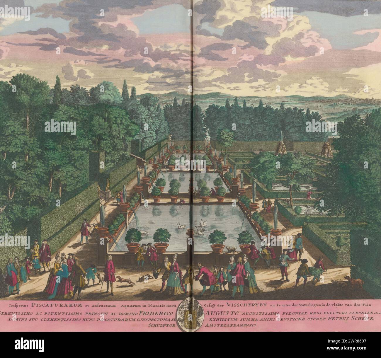 Stagni e fontane nel giardino della Villa d'Este a Tivoli, Conspectus piscaturarum et anfractuum aquarum in planitie horti / Vista del visscheryen e delle curve degli archi d'acqua nella pianura del giardino (titolo sull'oggetto), vista dei laghetti e delle fontane nel giardino della Villa d'Este a Tivoli. Titolo in latino e olandese nel margine inferiore. La stampa fa parte di un album., stampatore: Pieter Schenk (i), Anna Beeck, Pieter Schenk (i), stampatore: Amsterdam, l'Aia, 1670 - 1711 e/o 1693 - 1717, carta, incisione, altezza 495 mm x larghezza 590 mm Foto Stock