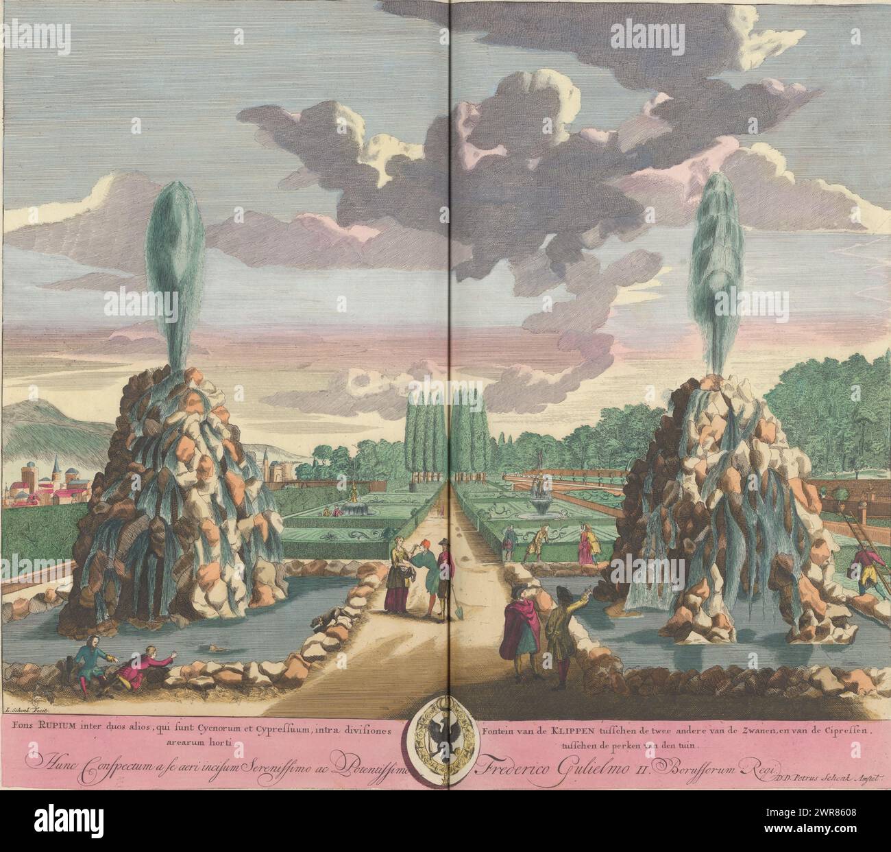 Fontana delle scogliere nel giardino della Villa d'Este a Tivoli, Fons Rupium inter duos alios, qui sunt Cycnorum et Cypressuum, intra divisiones arearum horti/ Fontana delle scogliere tra gli altri due cigni, e dei cipressi tra i confini del giardino (titolo su oggetto), veduta della Fontana delle scogliere nel giardino della Villa d'Este a Tivoli. Titolo in latino e olandese nel margine inferiore. La stampa fa parte di un album., stampatore: Pieter Schenk (i), Anna Beeck, Pieter Schenk (i), stampatore: Amsterdam, l'Aia, 1670 - 1711 e/o 1693 - 1717, carta Foto Stock