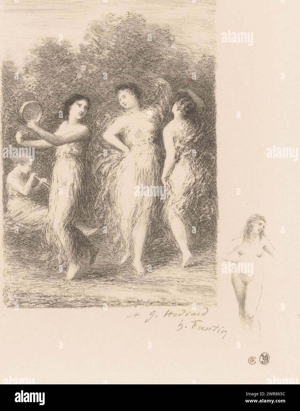 Quattro giovani donne ballano e fanno musica, le jeune malade, poesie di André Chénier (titolo della serie), illustrazioni pour les Poésies d'André Chénier (titolo della serie), stampatore: Henri Fantin-Latour, stampatore: Auguste Clot, Parigi, 1905, carta, altezza 450 mm x larghezza 305 mm, stampa Foto Stock
