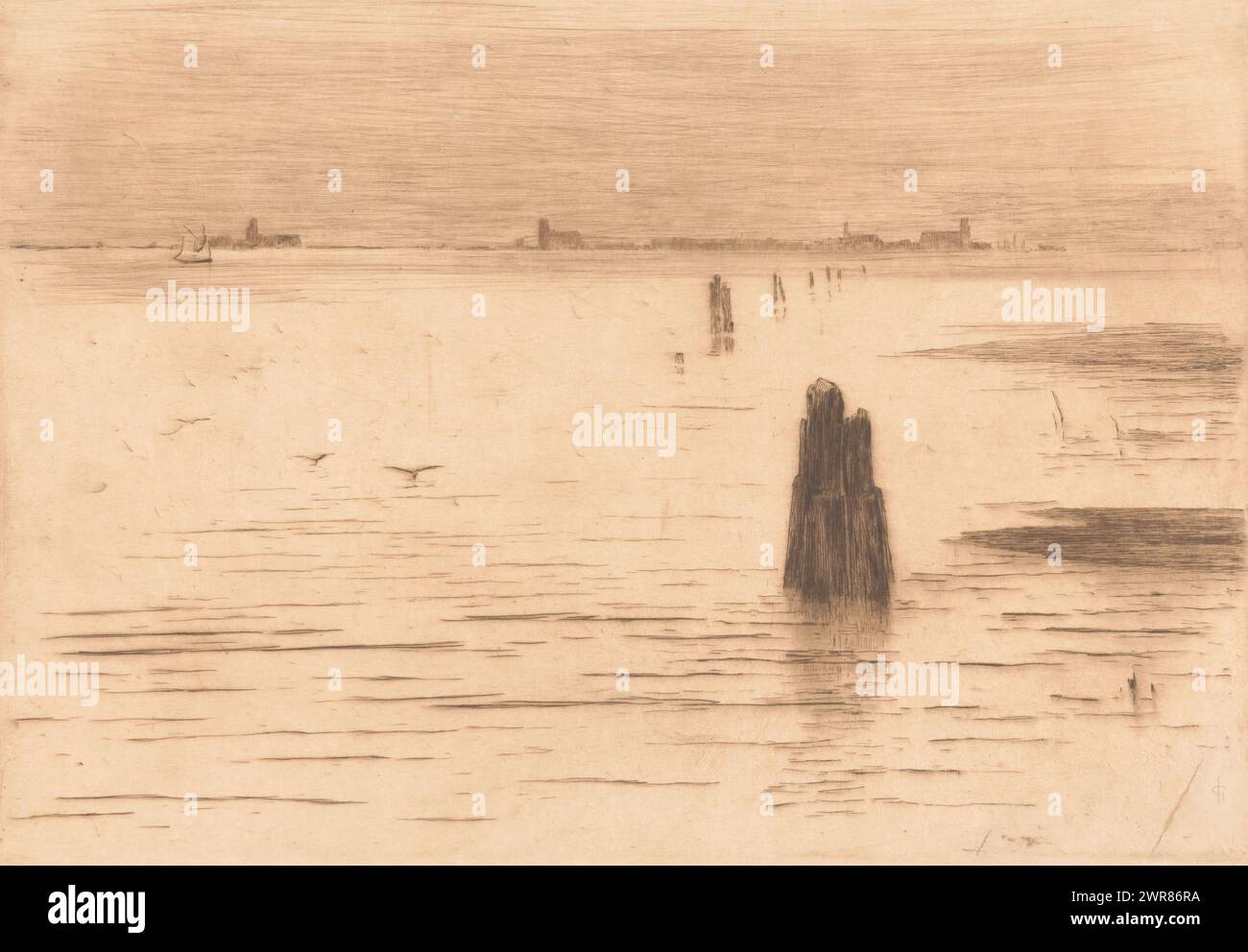 Vista della laguna di Venezia a Chioggia, stampatore: Carel Nicolaas Storm van 's-Gravesande, 1889 - 1903, carta, punto di essiccazione, altezza 277 mm x larghezza 398 mm, stampa Foto Stock