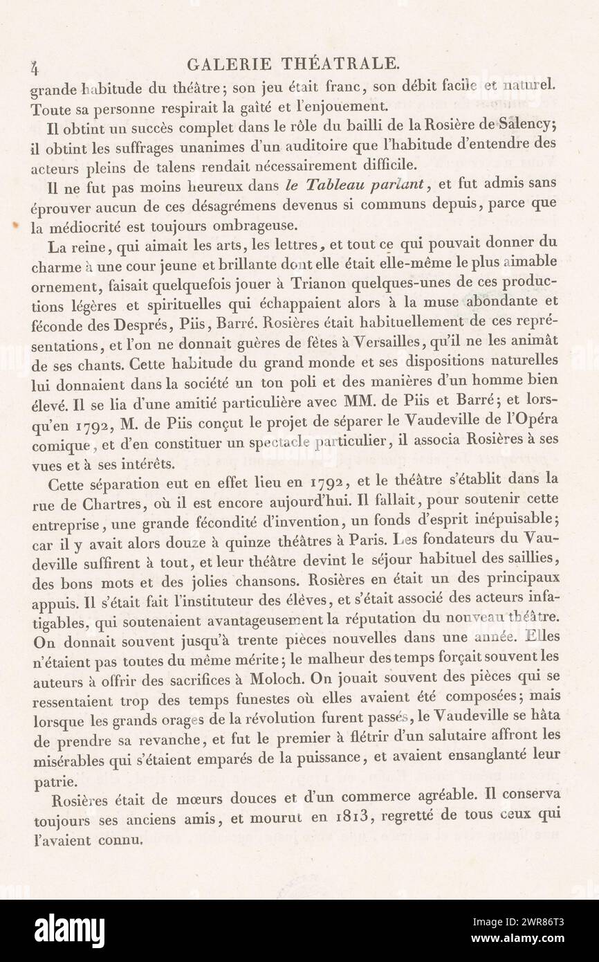 Ritratto dell’attore Rosières nel ruolo di Bailly, Rosieres (titolo sull’oggetto), ritratti di attori dei primi teatri di Parigi (titolo della serie), Galerie théâtrale ou Collection des Portraits en pied des principaux actor des premiers Théâtres de la capitale (titolo della serie), consiste in una foto e quattro pagine con informazioni sull'attore., stampatore: Jean Prud'hon, dopo aver disegnato: Favart, stampante: Langlois, 1812 - 1834, carta, altezza 274 mm x larghezza 219 mm, stampa Foto Stock