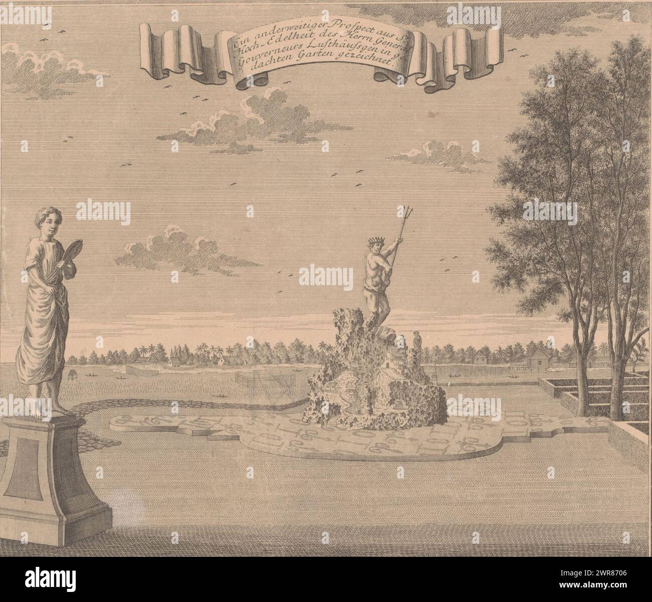 Statua di Nettuno nel giardino del Palazzo del Governatore a Batavia, un'altra prospettiva mondana di Suor Hoch-Edelheit des Herrn governatori generali Lusthäusgen in Thoughts Garten gezeichnet (titolo sull'oggetto), in alto a sinistra 'No XLV', in alto a destra 'pagina 133'., stampatore: Andreas Hofer, dopo disegno di: Johann Wolfgang Heydt, editore: Erven Johann Baptista Homann, editore: Neurenberg, editore: Wilhermsdorf, 1744, carta, incisione, altezza 236 mm x larghezza 279 mm, stampa Foto Stock