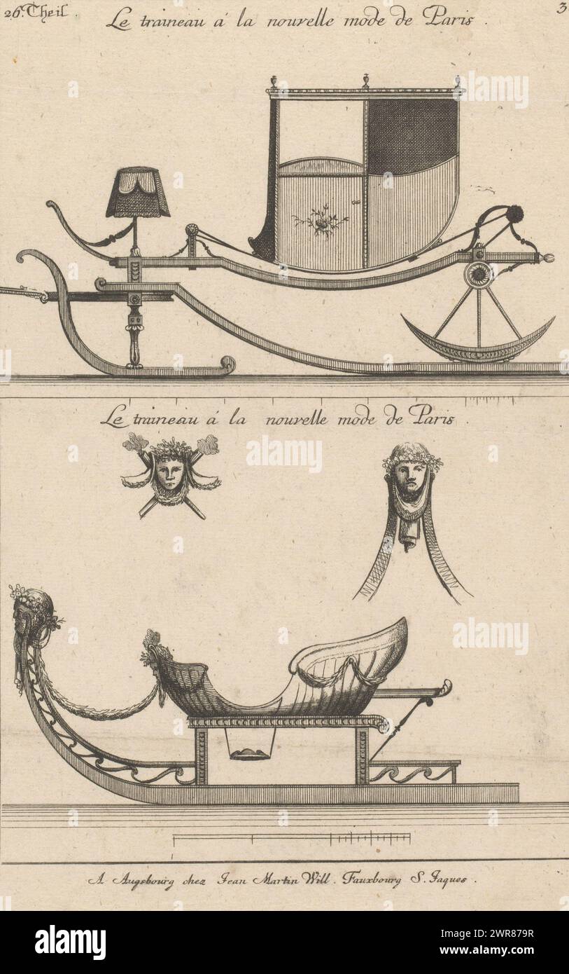 Slitte con facce, 26. Theil. Le traineau á la nouvelle mode de Paris (titolo della serie sull'oggetto), Una carrozza chiusa con motivo floreale e una carrozza aperta con un volto e due disegni separati per i volti., stampatore: Anonimo, su disegno di: Francois Boucher, editore: Johann Martin Will, Augusta, 1737 - 1806, carta, incisione, incisione, altezza 294 mm x larghezza 201 mm, stampa Foto Stock