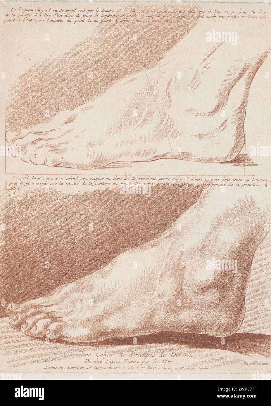 Stampa del titolo con due piedi, composizioni con parti del corpo umano (titolo della serie), Cinquième Cahier de Principes de Dessein (titolo della serie su oggetto), tipografo: Anonimo, su disegno di: Pierre Thomas le Clerc, Louis Marin Bonnet, Parigi, c. 1773, carta, altezza 280 mm x larghezza 208 mm, stampa Foto Stock