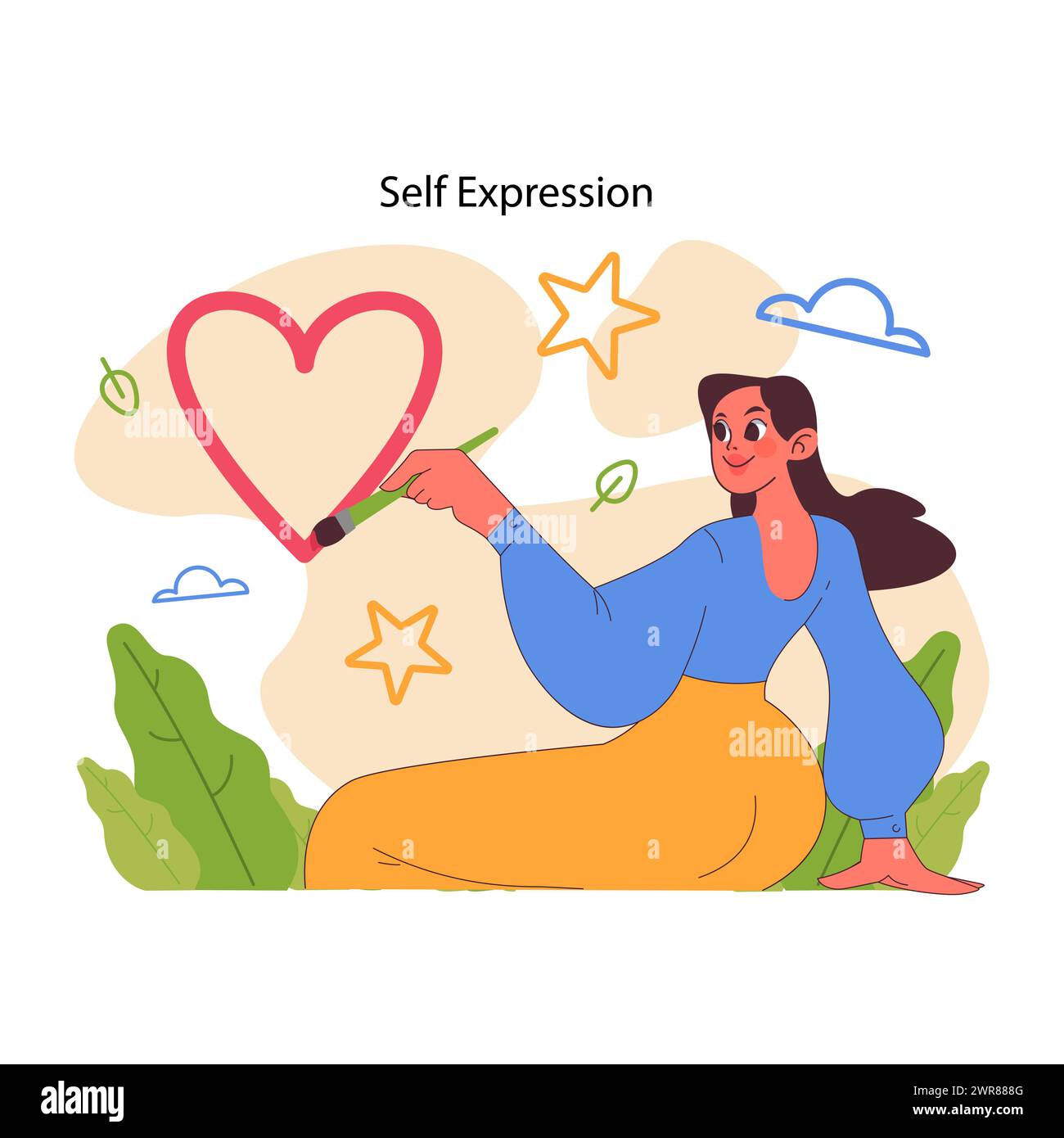 Concetto di autoespressione. Donna gioiosa che disegna il cuore, la stella, la nuvola, il simbolo della foglia, circondata da elementi della natura. Liberare la creatività interiore. Celebrare l'individualità e l'amore. Illustrazione vettoriale piatta Illustrazione Vettoriale