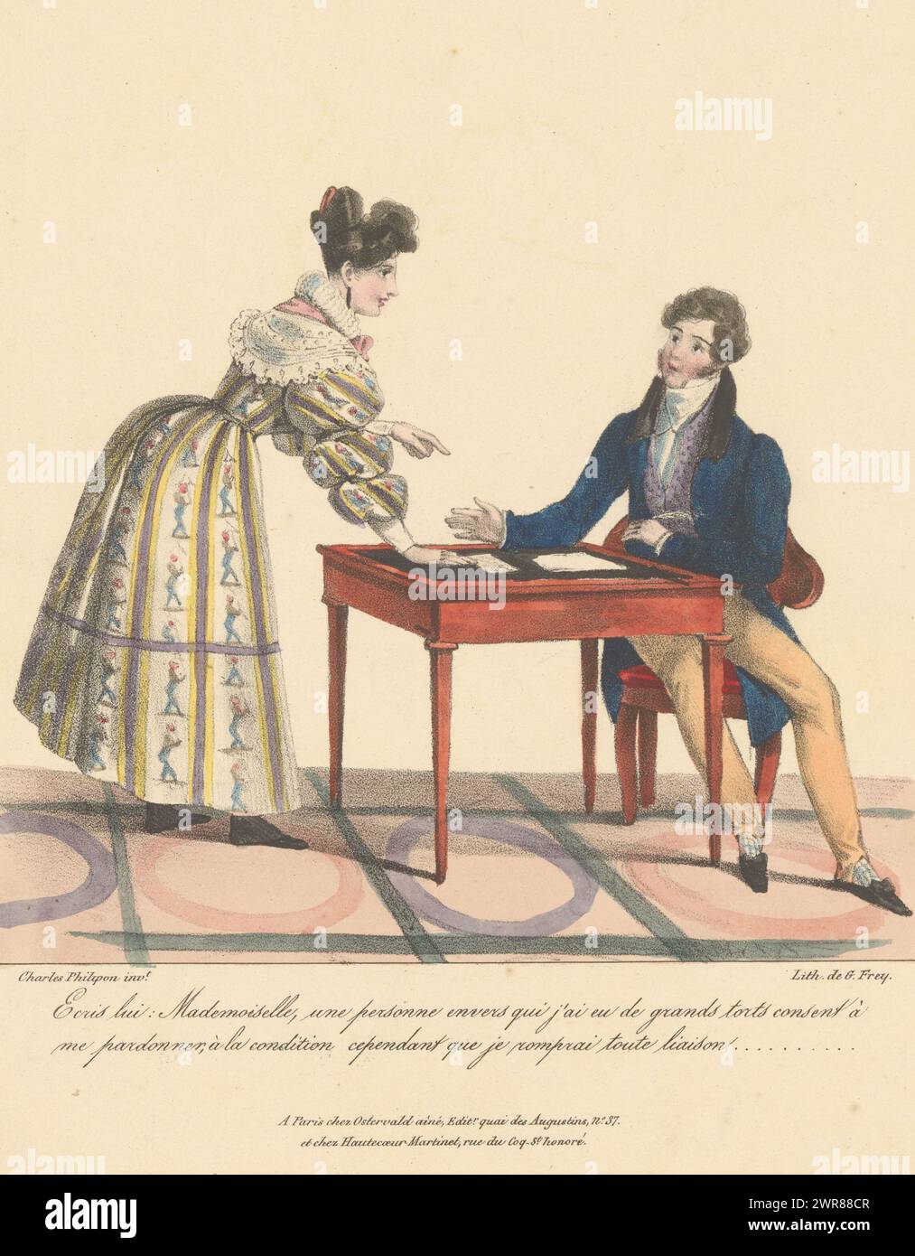 Donna chiede all'uomo di interrompere i contatti con qualcuno, ECRIS pigro: mademoiselle, a person envers qui j'ai eu de grands Torts consent à me perdonner, à la condition cependant que je romprai toute liaison... (Titolo sull'oggetto), Relationship Issues (titolo della serie), Brouille et raccommodement (titolo della serie sull'oggetto), print maker: Charles Philipon, su disegno di: Charles Philipon, tipografo: Georges Jean Frey, Parigi, 1828 - 1830, carta, altezza 349 mm x larghezza 260 mm, stampa Foto Stock