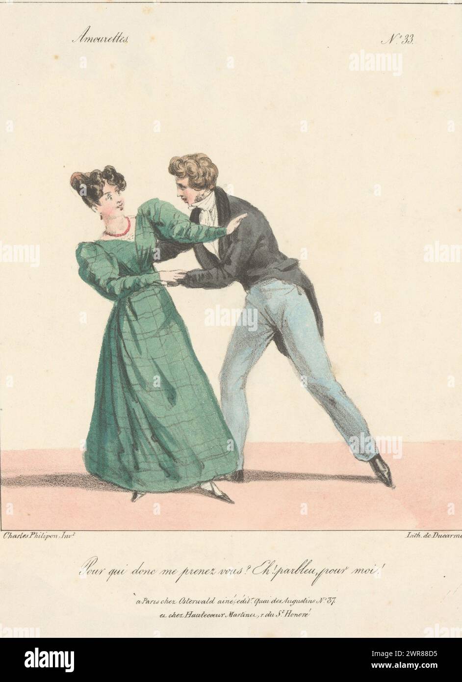 L'uomo cerca di corteggiare la donna, Pour qui donc me prenez vous? Eh! Parbleu, pour moi! (Titolo su oggetto), Love Scene (titolo della serie), Amourettes (titolo della serie sull'oggetto), print maker: Charles Philipon, dopo il design di: Charles Philipon, stampante: Pierre Ducarme, Parigi, 1827 - 1829, carta, altezza 325 mm x larghezza 249 mm, stampa Foto Stock
