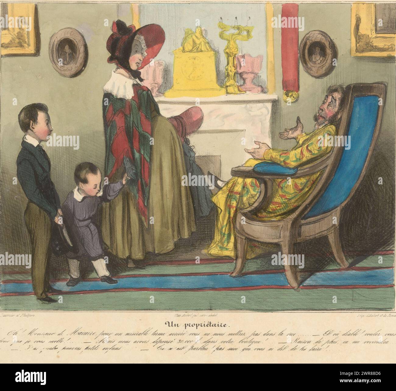 Il proprietario di casa non si preoccupa di scuse e suppliche da parte di donna che è indietro nel pagamento dell'affitto, un propriétaire (titolo sull'oggetto), Cartoons di Charles Philipon e Honoré Daumier (titolo della serie), Caricaturiana (titolo della serie sull'oggetto), stampatore: Honoré Daumier, stampatore: Charles Philipon, stampante: Aubert & Junca, Parigi, 1836 - 1838, carta, altezza 273 mm x larghezza 364 mm, stampa Foto Stock