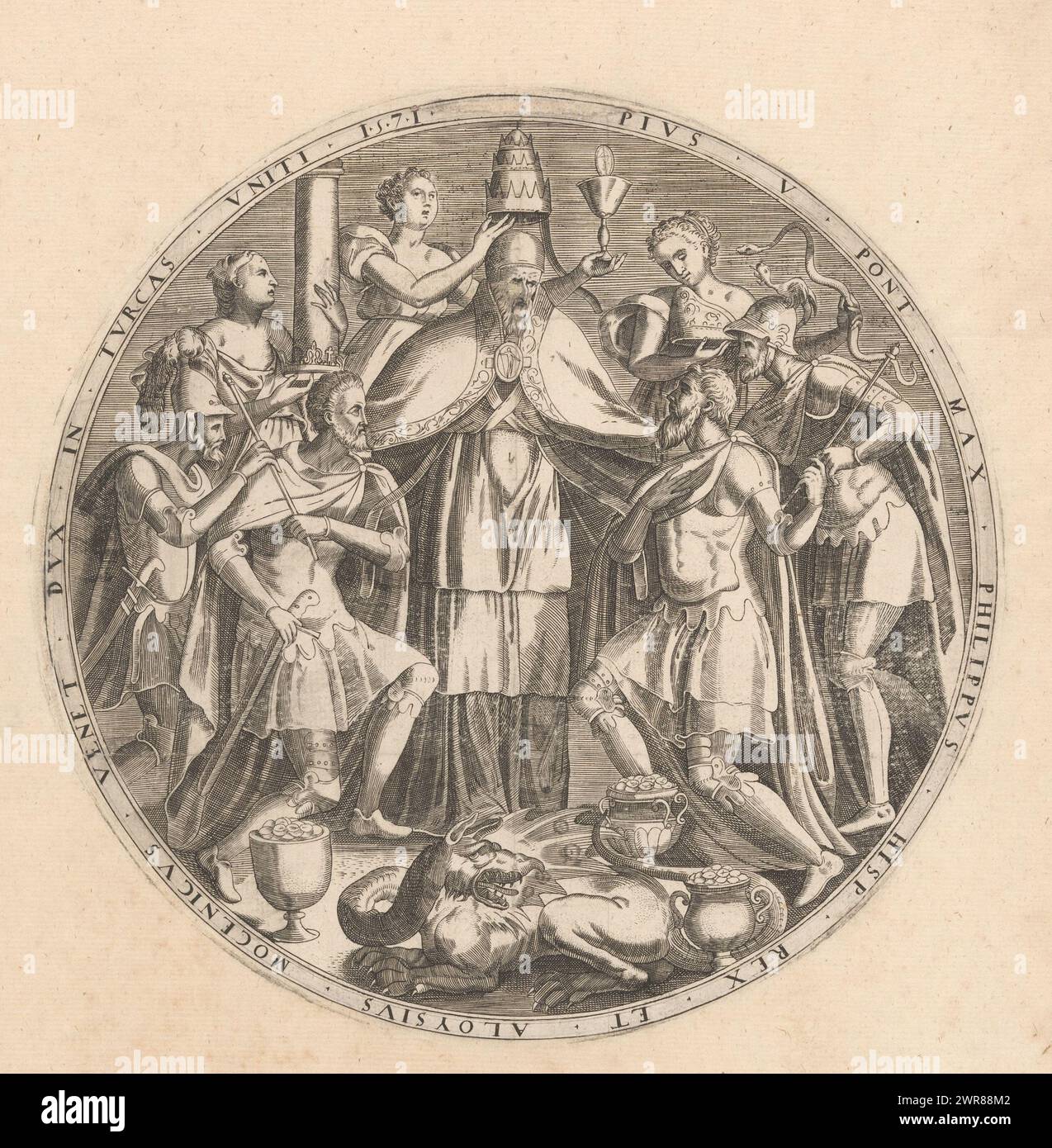 Alleanza di Papa Pio V, Filippo II e Doge Mocenigo contro i turchi, 1571, rappresentanza rotonda in cui Papa Pio V conclude un'alleanza con il re spagnolo Filippo II e il doge veneziano Alvise i Mocenigo il 20 maggio 1571 per combattere congiuntamente la scalinata turca. Sullo sfondo le personificazioni di Fortitude, Faith e Prudence. In primo piano un drago (i Turchi) tra tre vasi con monete. Incisione sul bordo con caratteri latini. Un pezzo di testo con i dettagli dell'alleanza, in olandese, è incollato sotto la stampa., stampatore: Anonimo, Paesi Bassi, 1571, carta, incisione Foto Stock