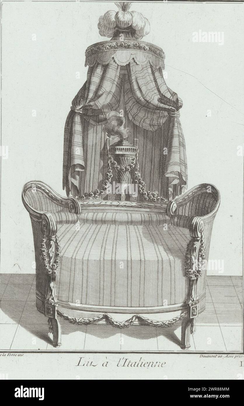 Letto con baldacchino e fumogeno, lit à l'Italienne (titolo sull'oggetto), letti D (titolo della serie), letto con cuscini in rotolo, ghirlande, barilotto fumante e baldacchino con pennacchi., stampatore: Anonimo, su disegno di: Jean Charles Delafosse, editore: Jean-Francois Daumont, Parigi, 1745 - 1775, carta, incisione, altezza 330 mm x larghezza 228 mm, stampa Foto Stock