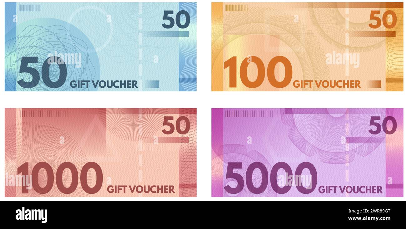 Buoni per banconote in guilloche. Coupon in valuta, buoni acquisto e set vettoriale modello di voucher regalo Illustrazione Vettoriale