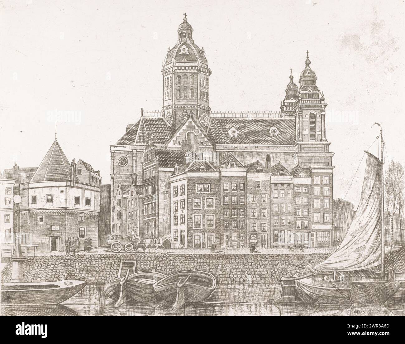 Vista dei Sint Nicolaaskerk e Schreierstoren di Amsterdam, stampatore: Alex Boom, 1872 - c. 1943, carta, incisione, altezza 408 mm x larghezza 517 mm, stampa Foto Stock