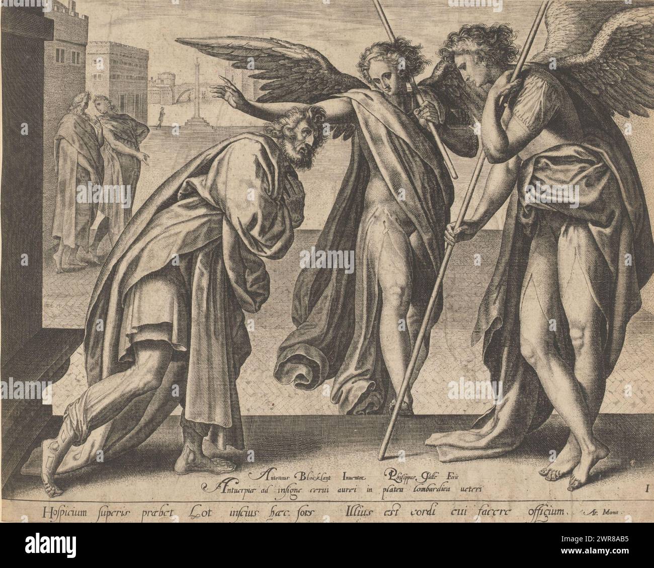 Lot e i due angeli, Lot incontra due angeli alla porta della città di Sodoma e offre loro un pasto e un pernottamento a casa sua. Sotto la scena c'è un riferimento in latino al testo della Bibbia Gen. 19. Numerato: 1. La stampa fa parte di un album., print maker: Philips Galle, dopo il design di: Anthonie Blocklandt, Anversa, 1547 - 1584, carta, incisione, altezza 221 mm x larghezza 283 mm, stampa Foto Stock