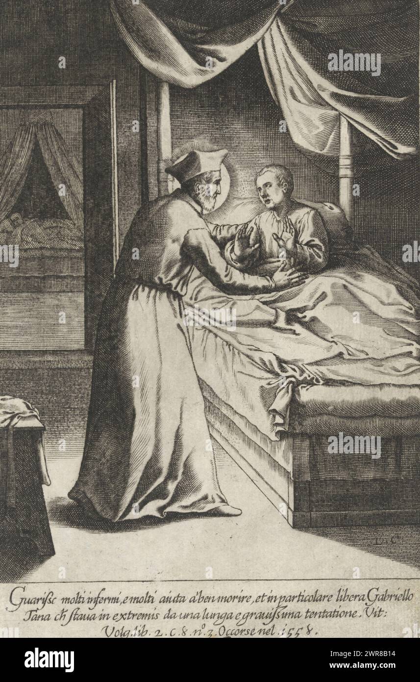 Filippo Neri conforta Gabriello Tana nel suo letto di morte, vita di San Filippo Neri (titolo della collana), Filippo Neri conforta Gabriello Tana nel suo letto di morte (1558). Stampa n. 16 in una serie di 44 stampe con scene della vita di San Filippo Neri., tipografo: Luca Ciamberlano, su disegno di: Jacques Stella, Roma, 1630 - 1641, carta, incisione, altezza c. 228 mm x larghezza c. 150 mm, stampa Foto Stock