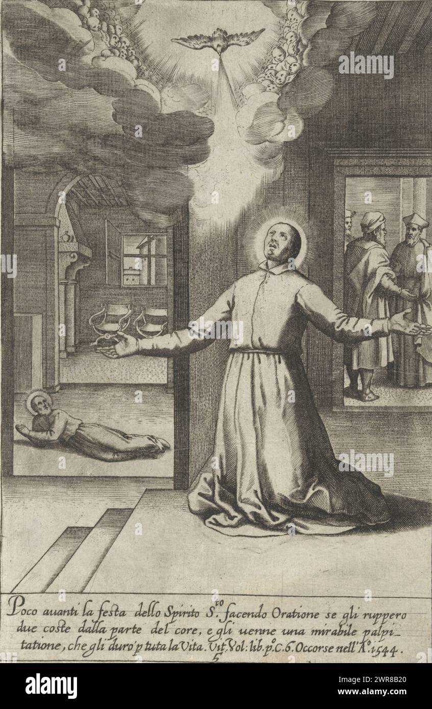 Filippo Neri rompe due costole mentre prega, vita di San Filippo Neri (titolo della collana), Filippo Neri rompe due costole mentre prega, sente Filippo Neri che batte per il resto della sua vita (1544). Filippo Neri si inginocchia sul pavimento davanti allo Spirito Santo sotto forma di colomba. Stampa n. 5 in una serie di 44 stampe con scene della vita di San Filippo Neri., tipografo: Luca Ciamberlano, su disegno di: Jacques Stella, Roma, 1630 - 1641, carta, incisione, altezza c. 228 mm x larghezza c. 150 mm, stampa Foto Stock