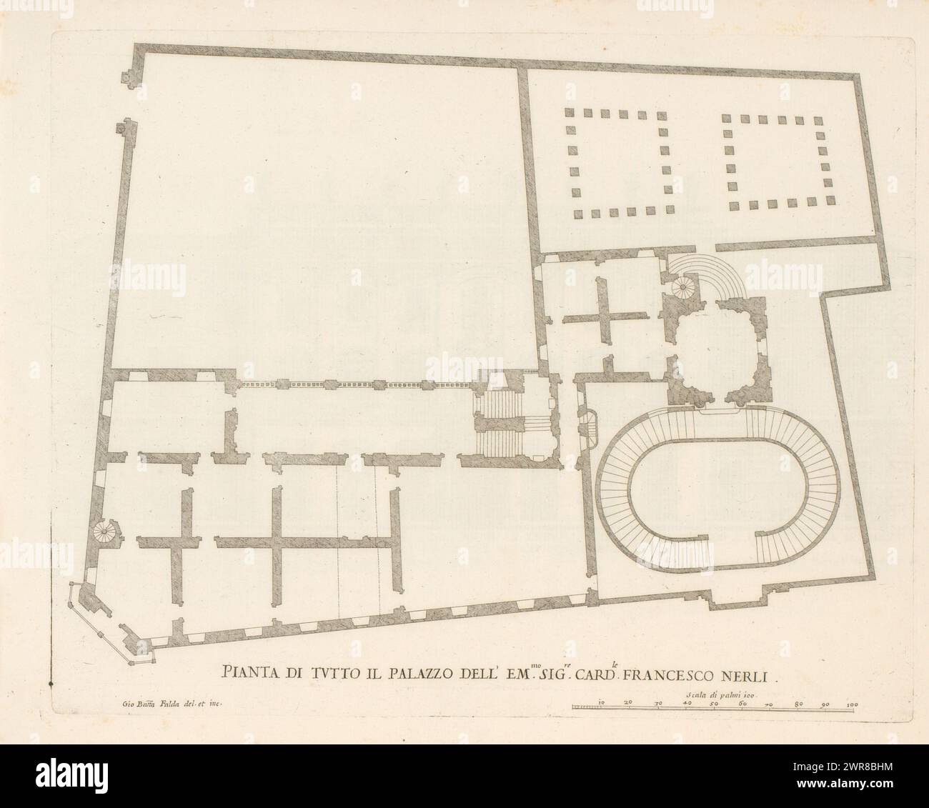 Planimetria del palazzo del cardinale Francesco Nerli, pianta di tutto il palazzo dell'em.mo sig.re card.le Francesco Nerli (titolo sull'oggetto), palazzi romani (titolo della collana), palazzi di Roma (titolo della collana), palazzi di Roma dei più celebri architett (...) (Titolo della collana), Print fa parte di un album., print maker: Giovanni Battista Falda, dopo disegno di: Giovanni Battista Falda, dopo disegno di: Domenico Fontana, print maker: Italia, dopo disegno di: Italia, dopo disegno di: Roma, editore: Roma, città del Vaticano, Roma, Italia, in o dopo il 1655, carta, incisione, altezza 301 mm x larghezza 406 mm Foto Stock