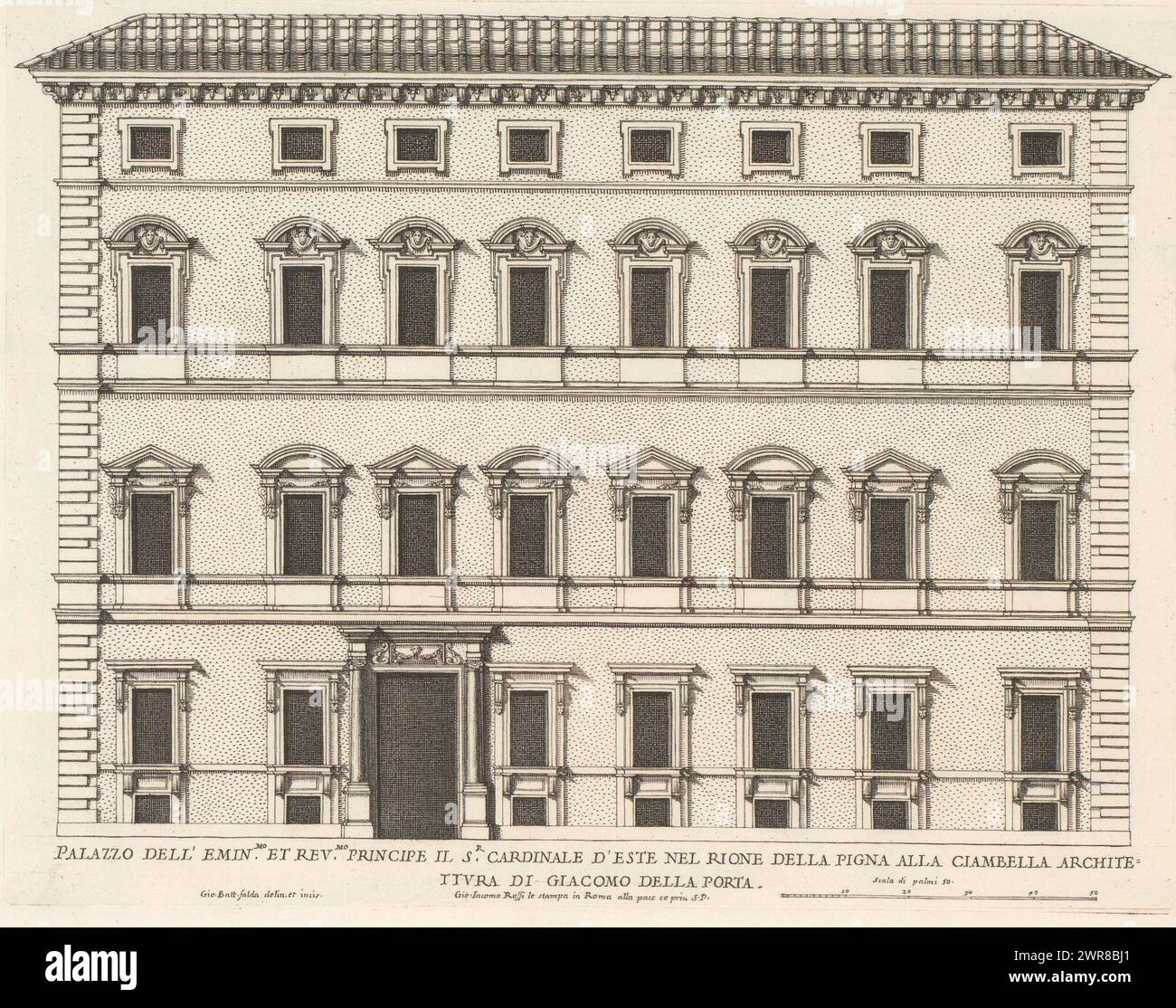 Facciata del Palazzo del Cardinale d'Este, Palazzo dell'emin.mo et rev.mo Principle il s.r cardinale d'Est (...) (Titolo sull'oggetto), Palazzi romani (titolo della serie), Palazzi di Roma (titolo della serie), Palazzi di Roma dei più celebri architett (...) (Titolo della collana), Print fa parte di un album., print maker: Giovanni Battista Falda, dopo disegno di: Giovanni Battista Falda, dopo disegno di: Giacomo della porta, print maker: Italia, dopo disegno di: Italia, su disegno di: Roma, editore: Roma, città del Vaticano, Roma, Italia, in o dopo il 1655, carta, incisione, altezza 281 mm x larghezza 365 mm Foto Stock