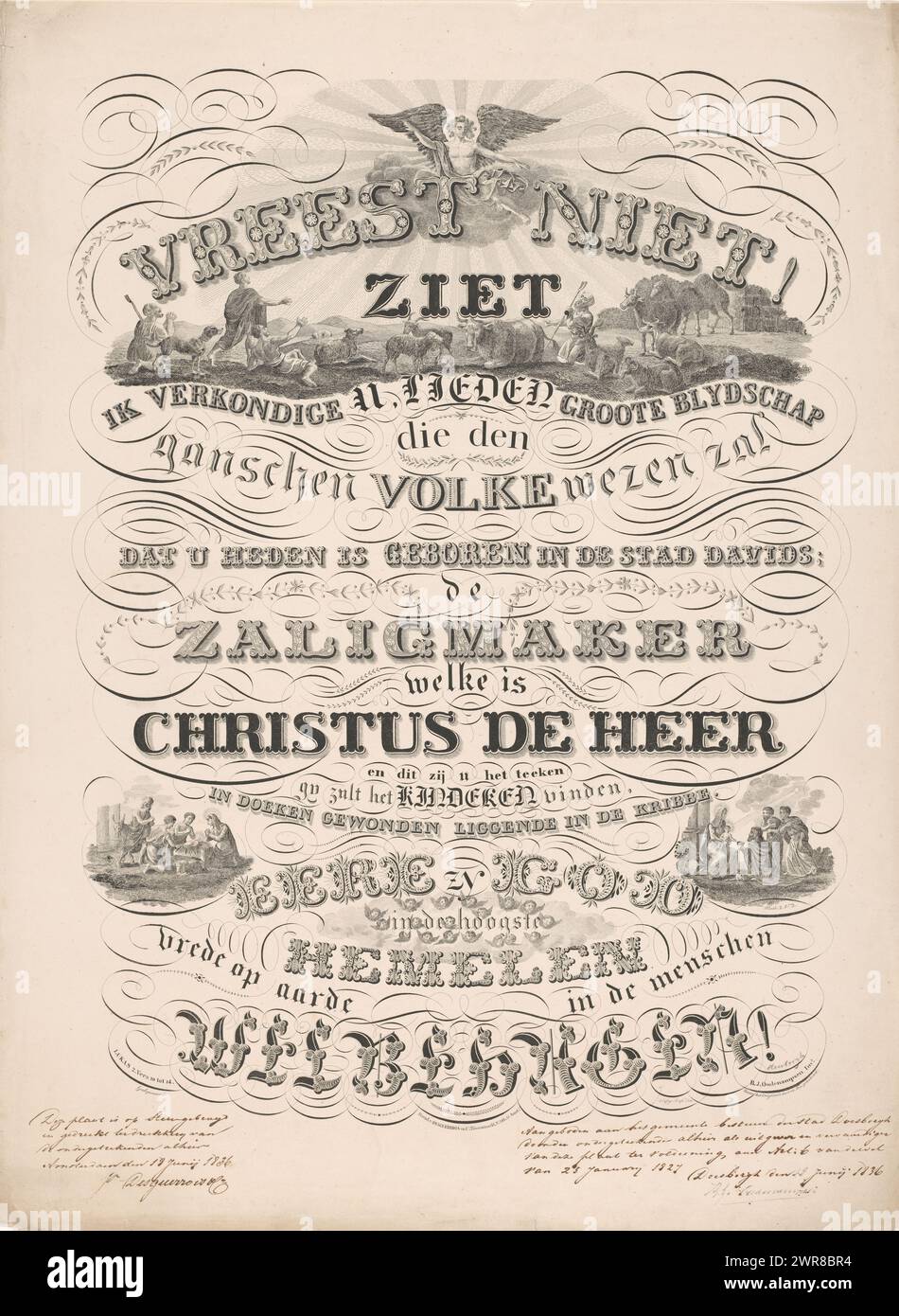 Citazione biblica sulla nascita di Cristo, raffigurata in lettere eleganti, è una citazione biblica: Luca 2,10-14. 'Non temete! Ecco, vi porto una buona notizia questo giorno di grande gioia, che sarà per tutto il popolo, perché questo giorno vi è nato nella città di Davide, il Salvatore che è Cristo Signore, e questo è il segno per voi, troverete il bambino avvolto in abiti a dorso. nella mangiatoia. Gloria a Dio nei cieli più alti. Pace sulla terra, buona volontà verso gli uomini!” In cima, i pastori sono indirizzati da un angelo. In basso a sinistra i pastori sono con il bambino Gesù nella mangiatoia Foto Stock