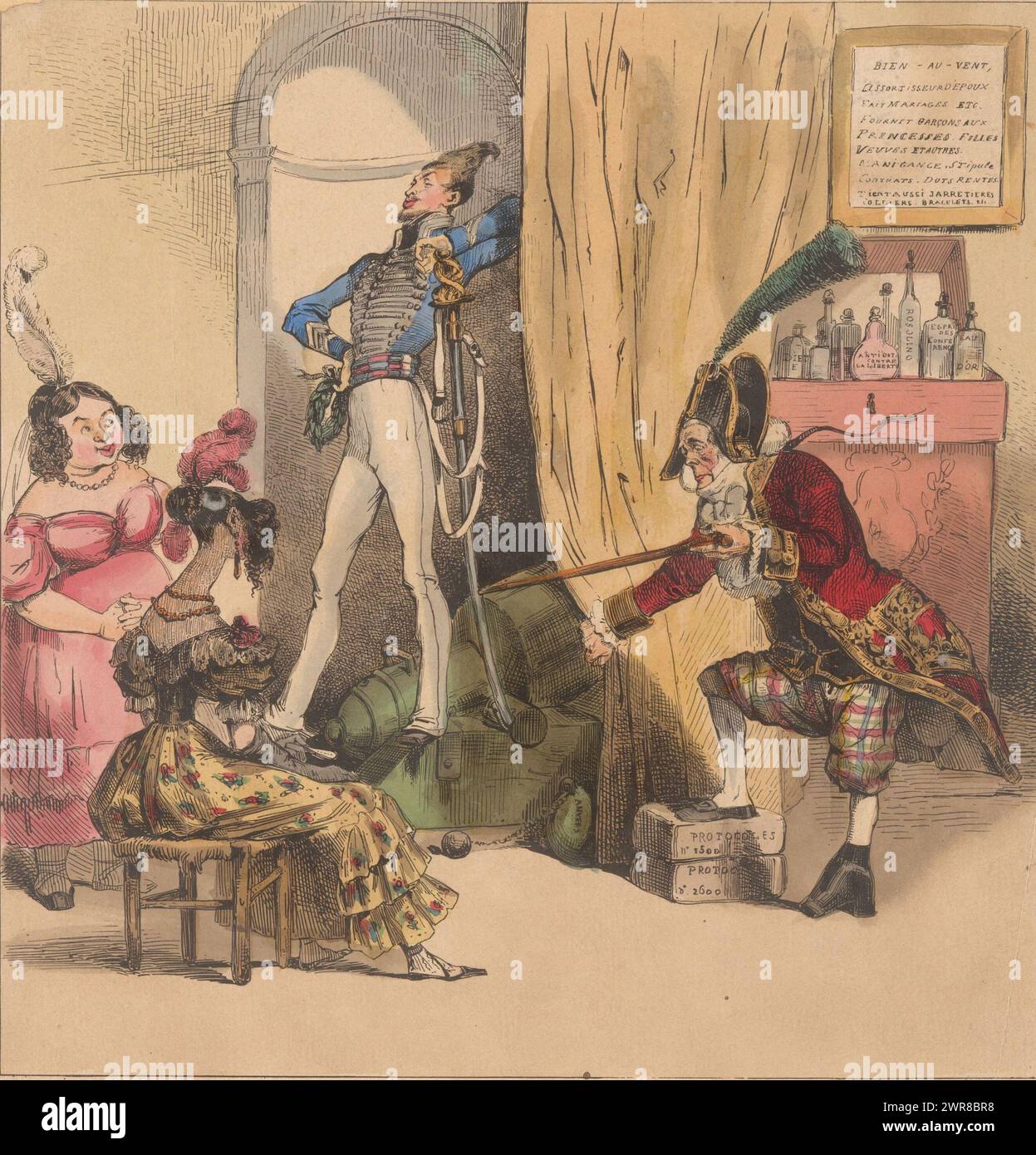 Fumetto francese, fumetto francese su Talleyrand e Frans, principe di Joinville, figlio di Luigi Filippo. Talleyrand tira da parte una tenda in modo che il giovane principe in piedi su una pistola diventi visibile a due giovani signore. Sulla catena di armi "Anvers"., stampatore: Anonimo, editore: Louis Pierre Prudence Becquet, editore: Aubert & Cie, Parigi, 1830 - 1838, carta, incisione, altezza 265 mm x larghezza 223 mm, stampa Foto Stock