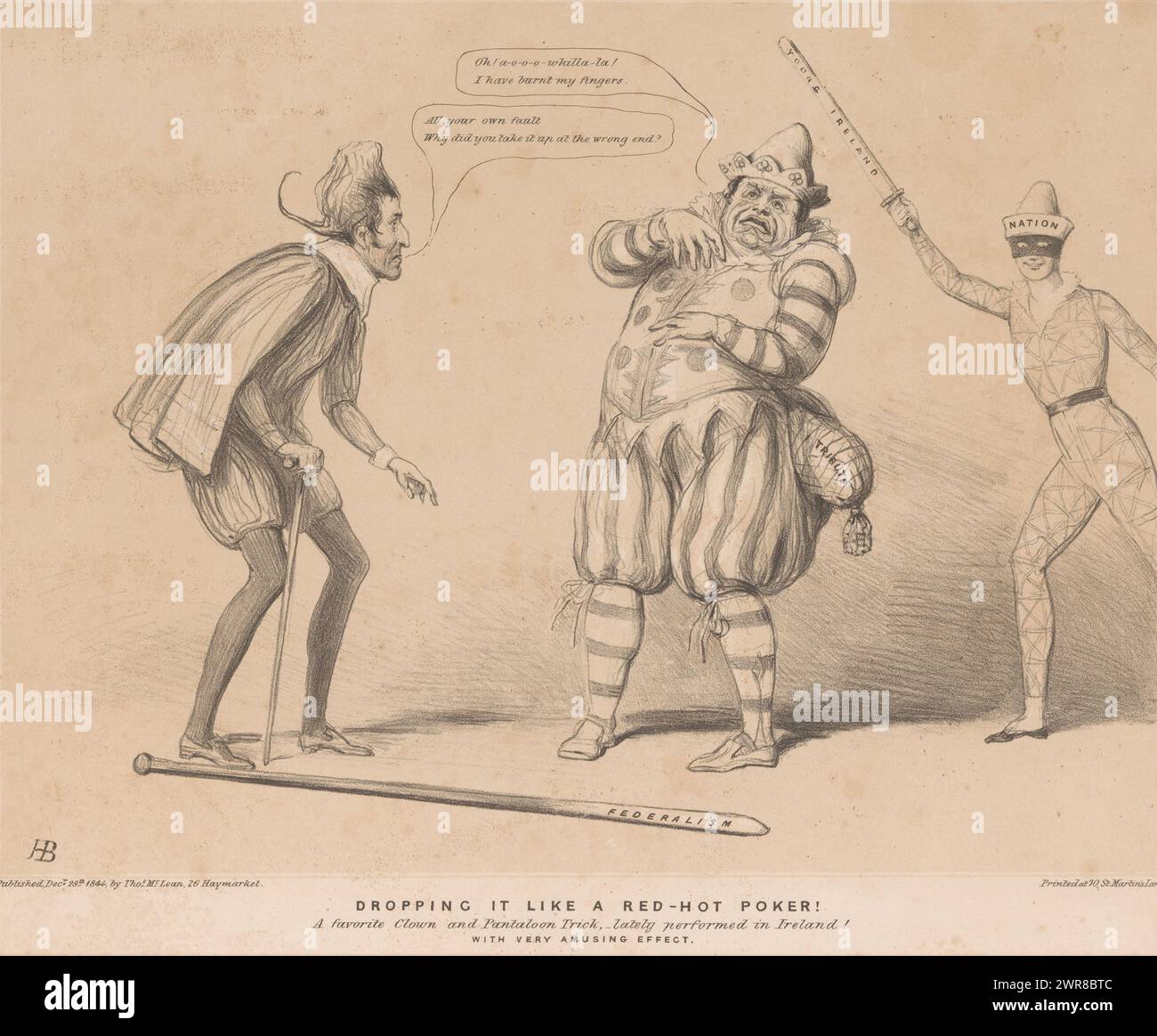 Daniel o'Connell è il clown, lasciandolo cadere come un poker bollente! 'Un Clown preferito e Pantaloon Trick,- si sono esibiti di recente in Irlanda! Con un effetto molto divertente (title on object), sketch HB (series title on object), Cartoon del 1844 con Daniel o'Connell come clown tra Pantalone e Harlequin. Pubblicato come n. 822 nella serie HB Sketches., print maker: John Doyle, printer: General Litthographic Establishment, editore: Thomas McLean, print maker: England, printer: London, publisher: London, 28 dicembre 1844, carta, altezza c. 300 mm x larghezza c . 445 mm Foto Stock