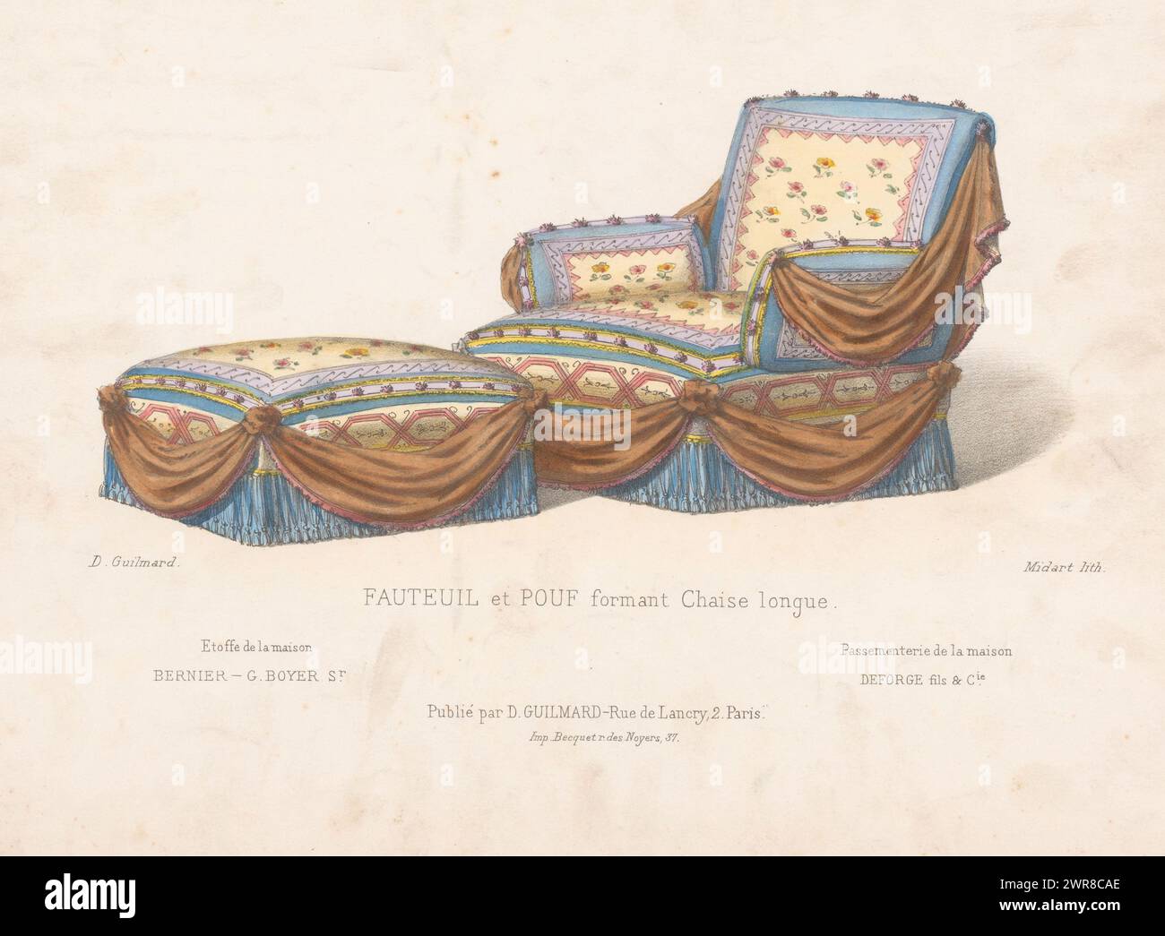 Poltrona e ottomana, fauteuil et Pouf formant Chaise longue (titolo sull'oggetto), le garde-meuble / Collection de Sièges (titolo della serie sull'oggetto), una poltrona e ottomana di accompagnamento. Print from 259th Livraison., tipografo: Midart, tipografo: Becquet, editore: Désiré Guilmard, Parigi, 1839 - 1885, carta, altezza 277 mm x larghezza 357 mm, stampa Foto Stock