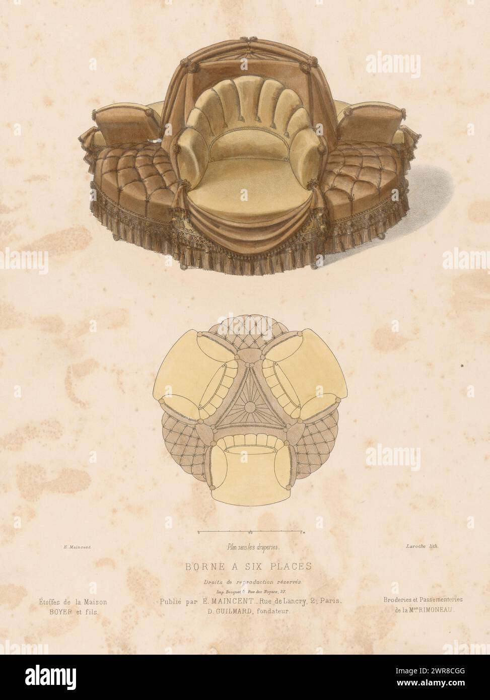 Divano rotondo, con sei posti (titolo sull'oggetto), le garde-meuble / Collection de Sièges (titolo della serie sull'oggetto), vista frontale e dall'alto di un divano rotondo con sei posti a sedere. Print from 317e Livraison., stampatore: Léon Laroche, stampatore: Becquet frères, editore: Eugène Maincent, Parigi, 1885 - 1895, carta, altezza 357 mm x larghezza 275 mm, stampa Foto Stock