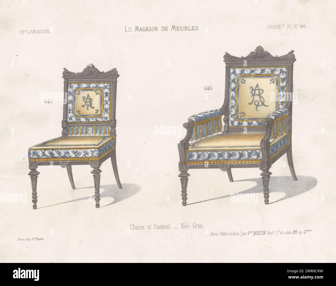 Sedia e poltrona, Chaise et fauteuil Neo-Grec (titolo sull'oggetto), le Magasin de Meubles / Sièges (titolo della serie sull'oggetto), Una sedia e una poltrona in stile neo-Grec. Stampa dal 13° Livraison., stampatore: Anonimo, su disegno di: Victor Joseph Quétin, stampatore: Victor Joseph Quétin, Parigi, 1832 - 1877, carta, altezza 271 mm x larghezza 358 mm, stampa Foto Stock