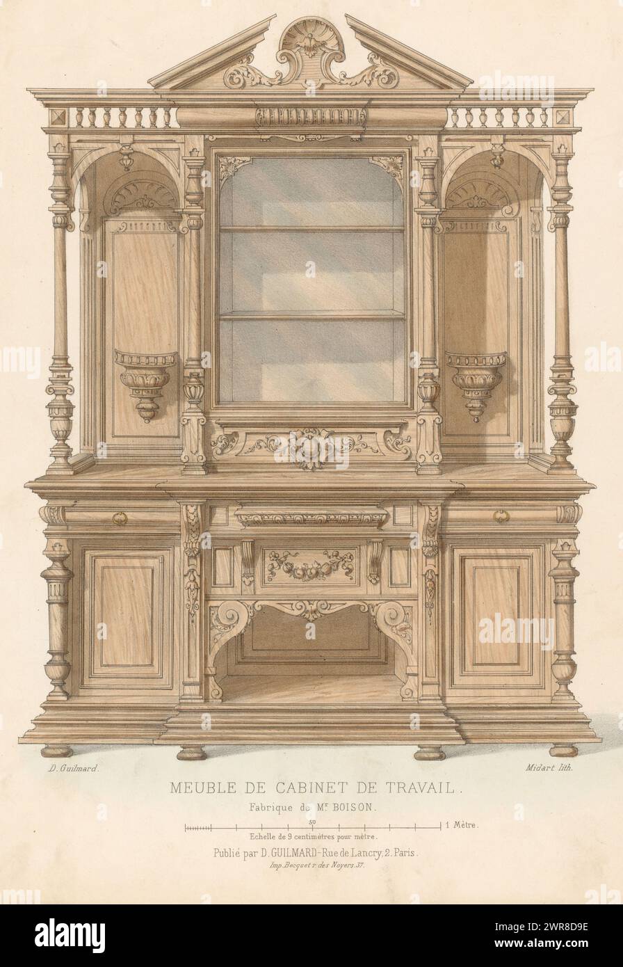 Armadietto con nicchie, Meuble de cabinet de travail (titolo sull'oggetto), le garde-meuble / Collection de Meubles (titolo della serie sull'oggetto), Un armadietto con nicchie e tre ripiani al centro. Print from 258th Livraison., tipografo: Midart, tipografo: Becquet, editore: Désiré Guilmard, Parigi, 1839 - 1885, carta, altezza 360 mm x larghezza 274 mm, stampa Foto Stock