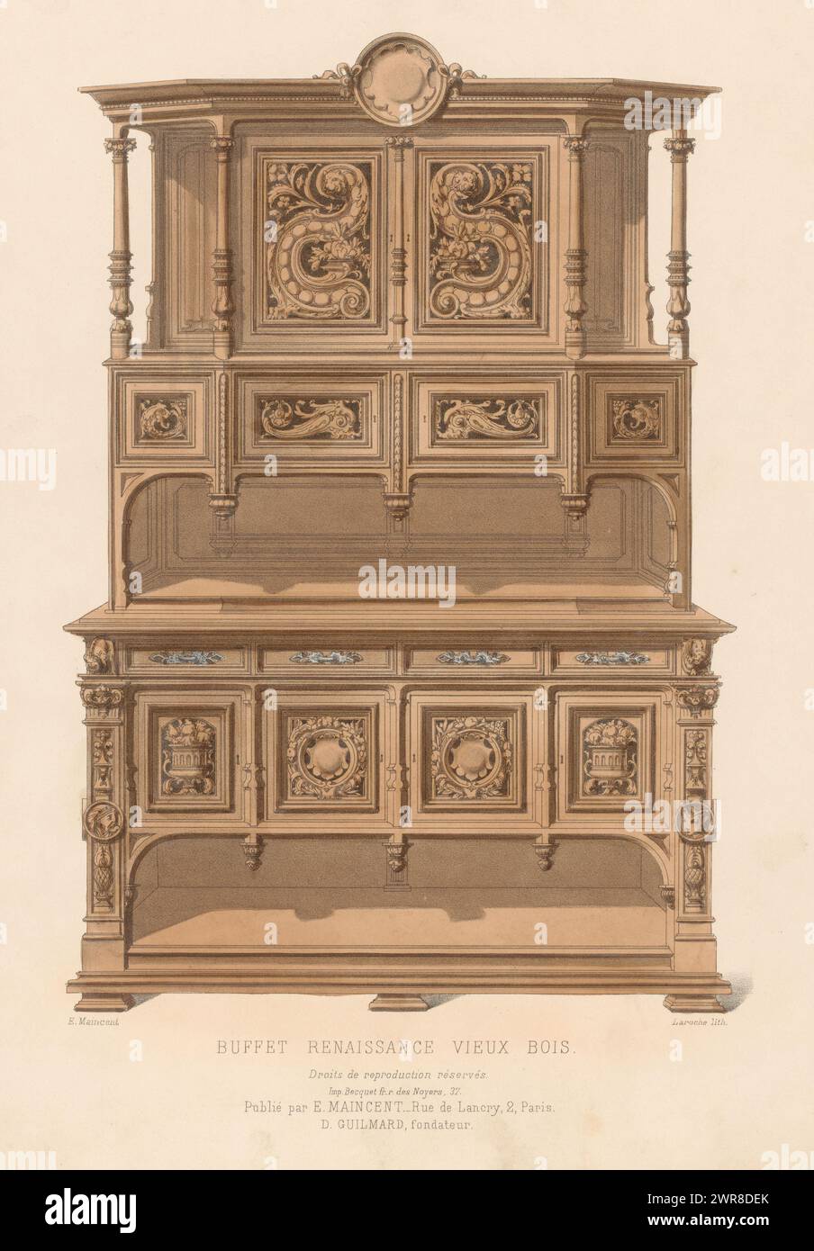 Sideboard, buffet renaissance vieux bois (titolo sull'oggetto), le garde-meuble / Collection de Meubles (titolo della serie sull'oggetto), Una credenza rinascimentale. Stampa dal 317 Livraison., stampatore: Léon Laroche, stampatore: Becquet frères, editore: Eugène Maincent, Parigi, 1885 - 1895, carta, altezza 358 mm x larghezza 273 mm, stampa Foto Stock