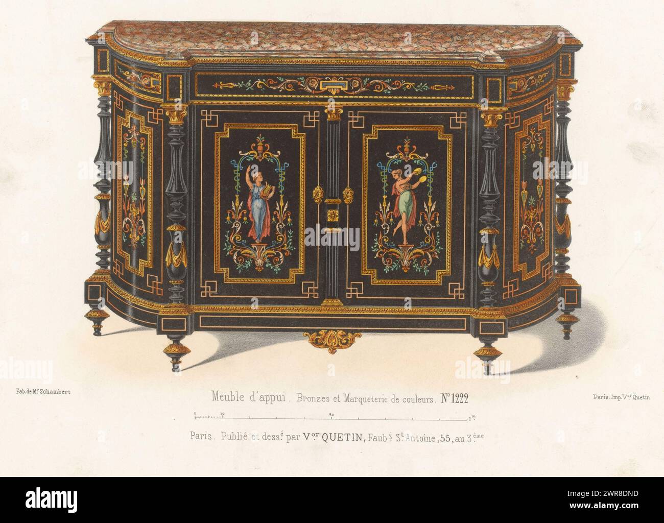 Armadietto, mobili d'appui. Bronzes et Marqueterie de couleurs (titolo sull'oggetto), le Magasin de Meubles / Meubles (titolo della serie sull'oggetto), Un armadietto basso. Print from 38th Livraison., stampatore: Anonimo, su disegno di: Victor Joseph Quétin, stampatore: Victor Joseph Quétin, Parigi, 1832 - 1877, carta, altezza 273 mm x larghezza 359 mm, stampa Foto Stock