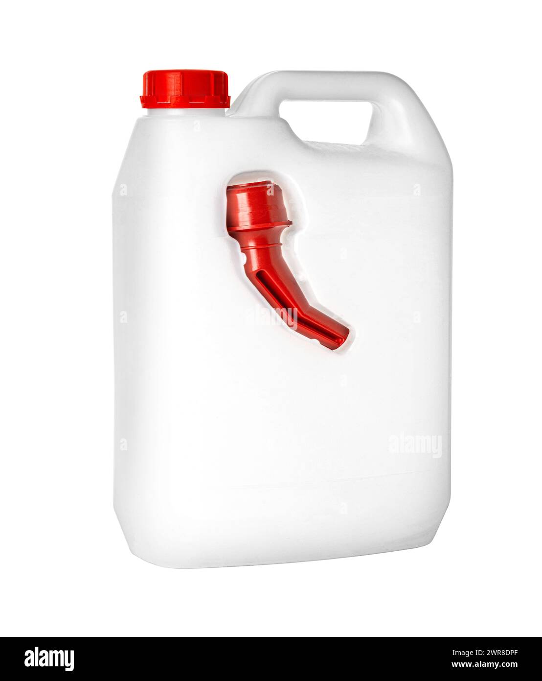tanica in plastica bianca con annaffiatoio isolata su sfondo bianco con percorso di ritaglio Foto Stock