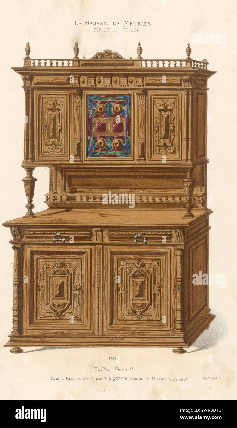 Sideboard, buffet Henri II (titolo sull'oggetto), le Magasin de Meubles (titolo della serie sull'oggetto), Una credenza in stile Enrico II. Stampa dal 71° Livraison., stampatore: Anonimo, su disegno di: Victor Léon Michel Quétin, stampatore: Victor Léon Michel Quétin, Parigi, 1878 - in o dopo il 1904, carta, altezza 360 mm x larghezza 275 mm, stampa Foto Stock