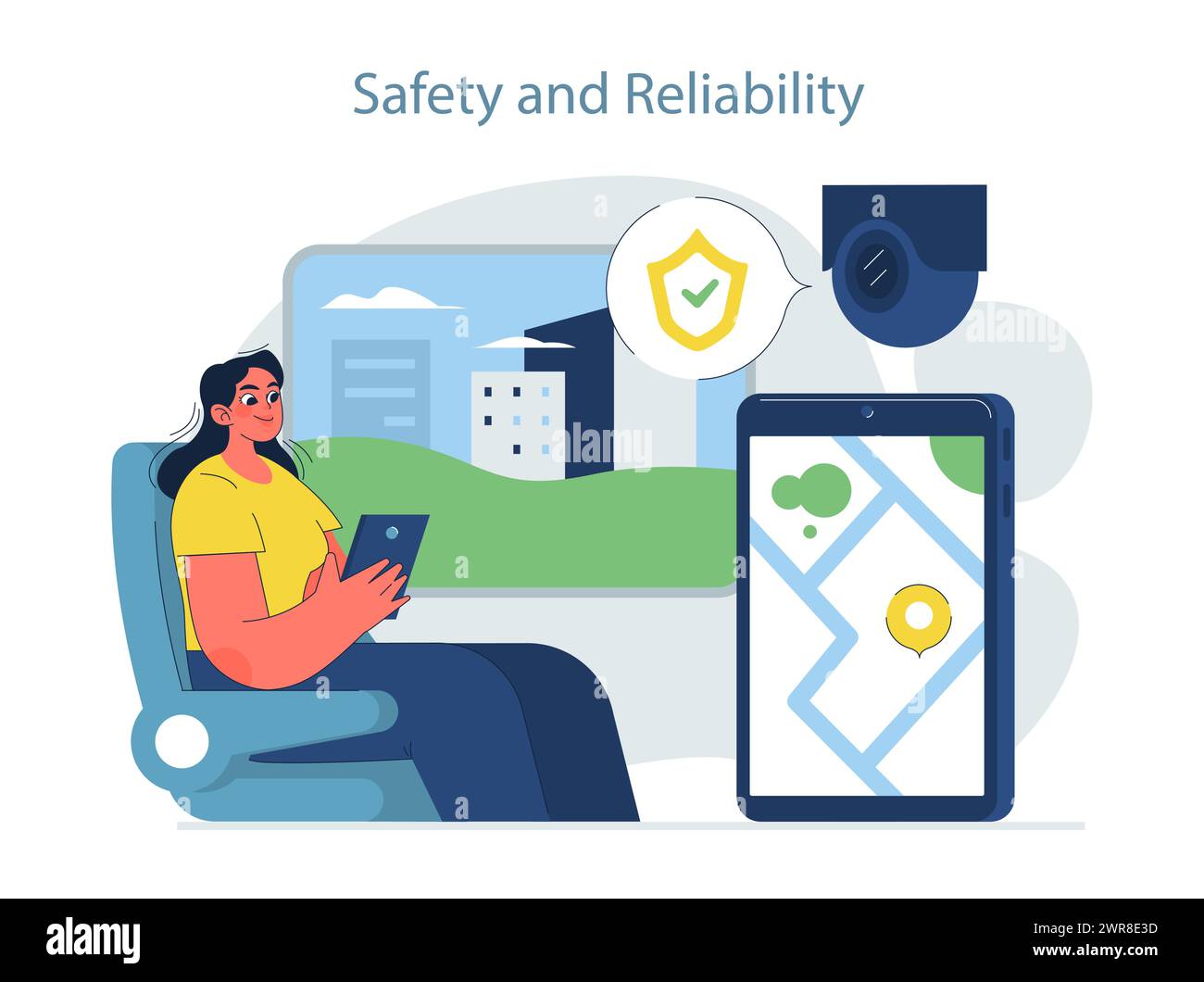 Concetto di sicurezza e affidabilità. Donna che utilizza l'app per una navigazione urbana sicura. Telecamera di sorveglianza che garantisce la pubblica sicurezza. Illustrazione Vettoriale