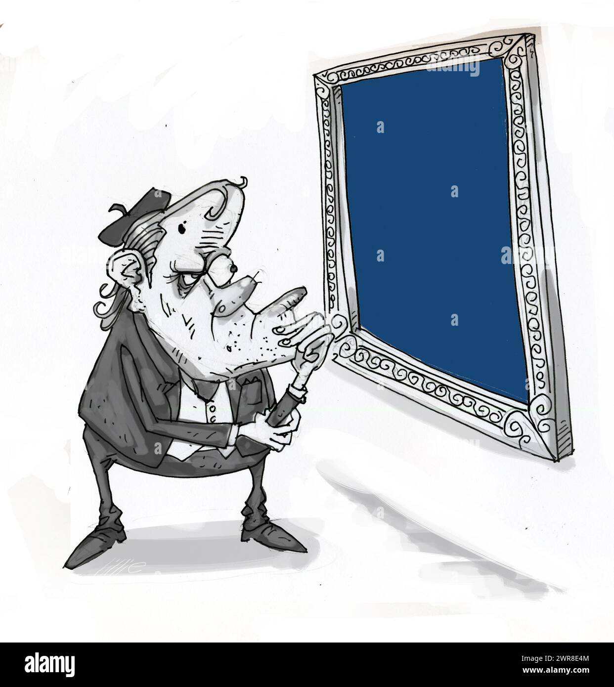 Critico d'arte dei cartoni animati, indossa berretto, dipinge a meditare con tela completamente blu, snobbery d'arte, arte moderna, pittura astratta, Yves Klein Blue IKB Foto Stock