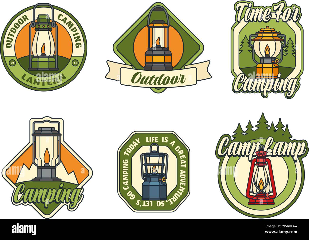Emblema del campo delle Lanterne. Badge da campeggio per esterni, tag avventura con set di illustrazioni vettoriali con lampada classica Illustrazione Vettoriale