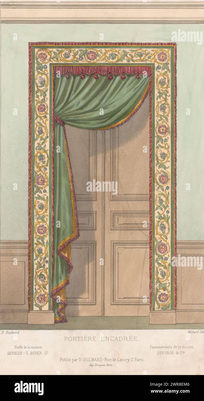 Porta con telaio e tenda, Portière encadrée (titolo sull'oggetto), le Garde-Meuble / Collection de Tentures (titolo della serie sull'oggetto), porta con cornice decorativa e tendaggi. Print from 241st Livraison., print maker: Midart, dopo il design di: Désiré Guilmard, stampante: Becquet, Paris, c. 1860 - c. 1880, carta, altezza 355 mm x larghezza 276 mm, stampa Foto Stock