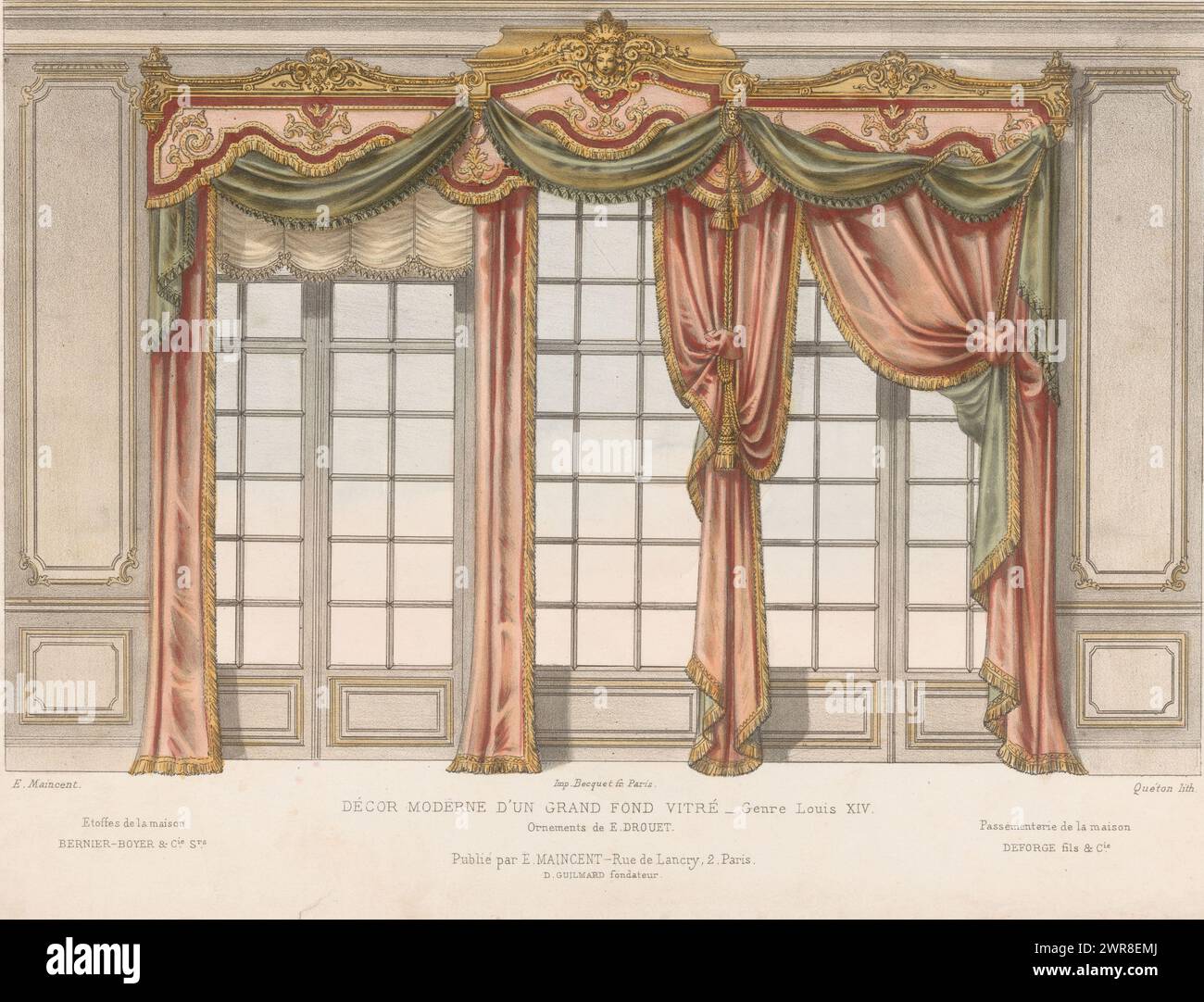 Finestre con tende, décor moderne d'un Grand Fond vitré - genere Luigi XIV (titolo sull'oggetto), le Garde-Meuble / Collection de Tentures (titolo della serie sull'oggetto), grandi finestre con tende drappeggiate in stile Luigi XIV. Print from 275th Livraison., stampatore: Quéton, su disegno di: Eugène Maincent, stampatore: Becquet, Paris, c. 1885 - c. 1895, carta, altezza 275 mm x larghezza 362 mm, stampa Foto Stock