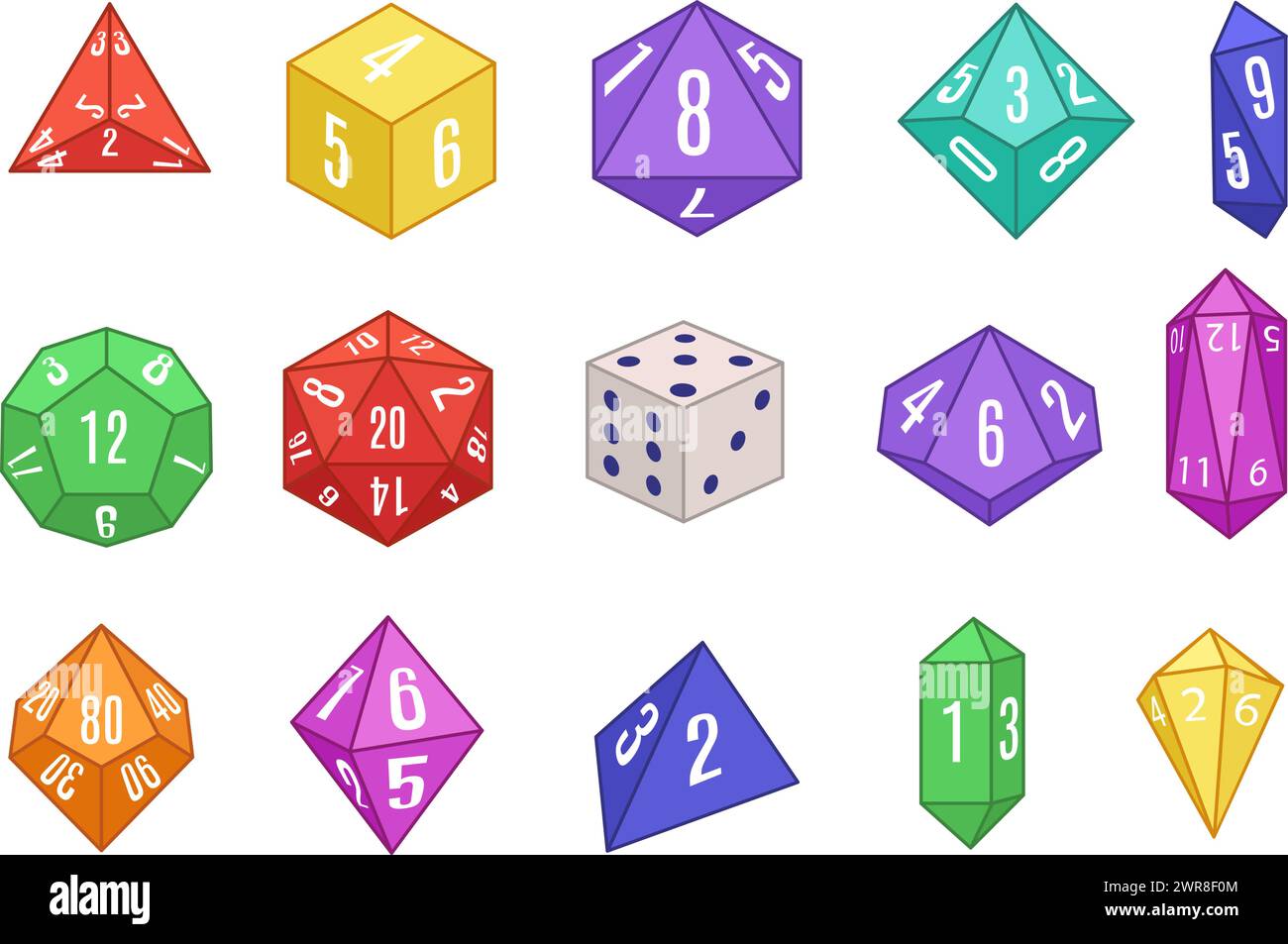 Giochi da tavolo. Set di dadi vari per giochi di ruolo da tavolo, set di illustrazioni vettoriali isolate geometriche a più lati Illustrazione Vettoriale