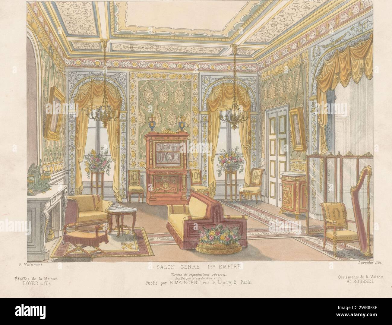 Finestra con tende, Salon Genre 1er Empire (titolo sull'oggetto), le Garde-Meuble / Collection de Tentures (titolo della serie sull'oggetto), interno di un salone in stile impero (primo Impero francese). Print from 327th Livraison., stampatore: Léon Laroche, su disegno di: Eugène Maincent, stampatore: Becquet, Paris, c. 1885 - c. 1895, carta, altezza 275 mm x larghezza 358 mm, stampa Foto Stock