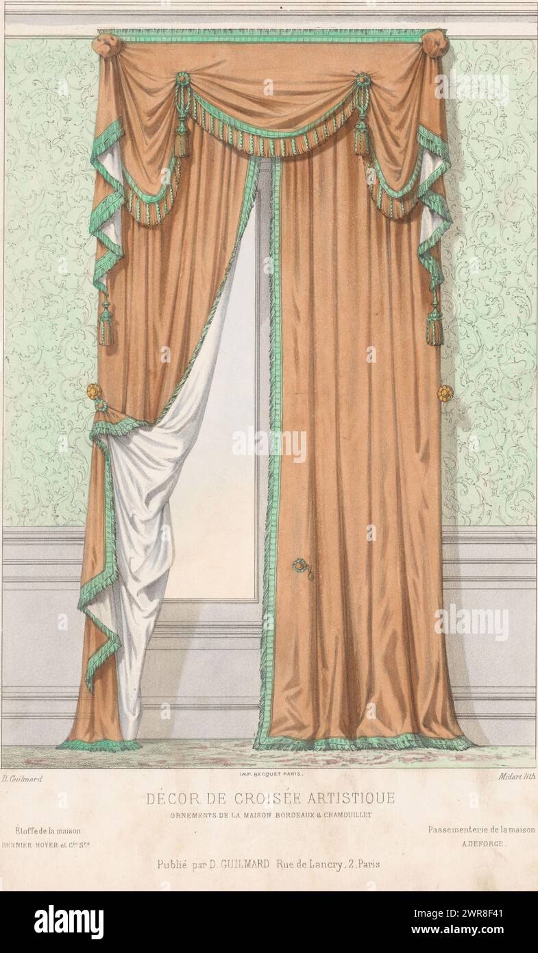 Finestra con tende, décor de Croisée Artistique (titolo sull'oggetto), le Garde-Meuble / Collection de Tentures (titolo della serie sull'oggetto), finestra trasversale con tendaggi artistici. Print from 226th Livraison., print maker: Midart, su disegno di: Désiré Guilmard, stampante: Becquet, Paris, c. 1860 - c. 1880, carta, altezza 360 mm x larghezza 272 mm, stampa Foto Stock