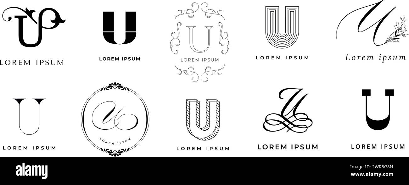 Emblema creativo U. Monogramma lettera u per un modello di branding aziendale moderno urbano o unicrorn. Set di icone vettoriali iniziali nome azienda Illustrazione Vettoriale