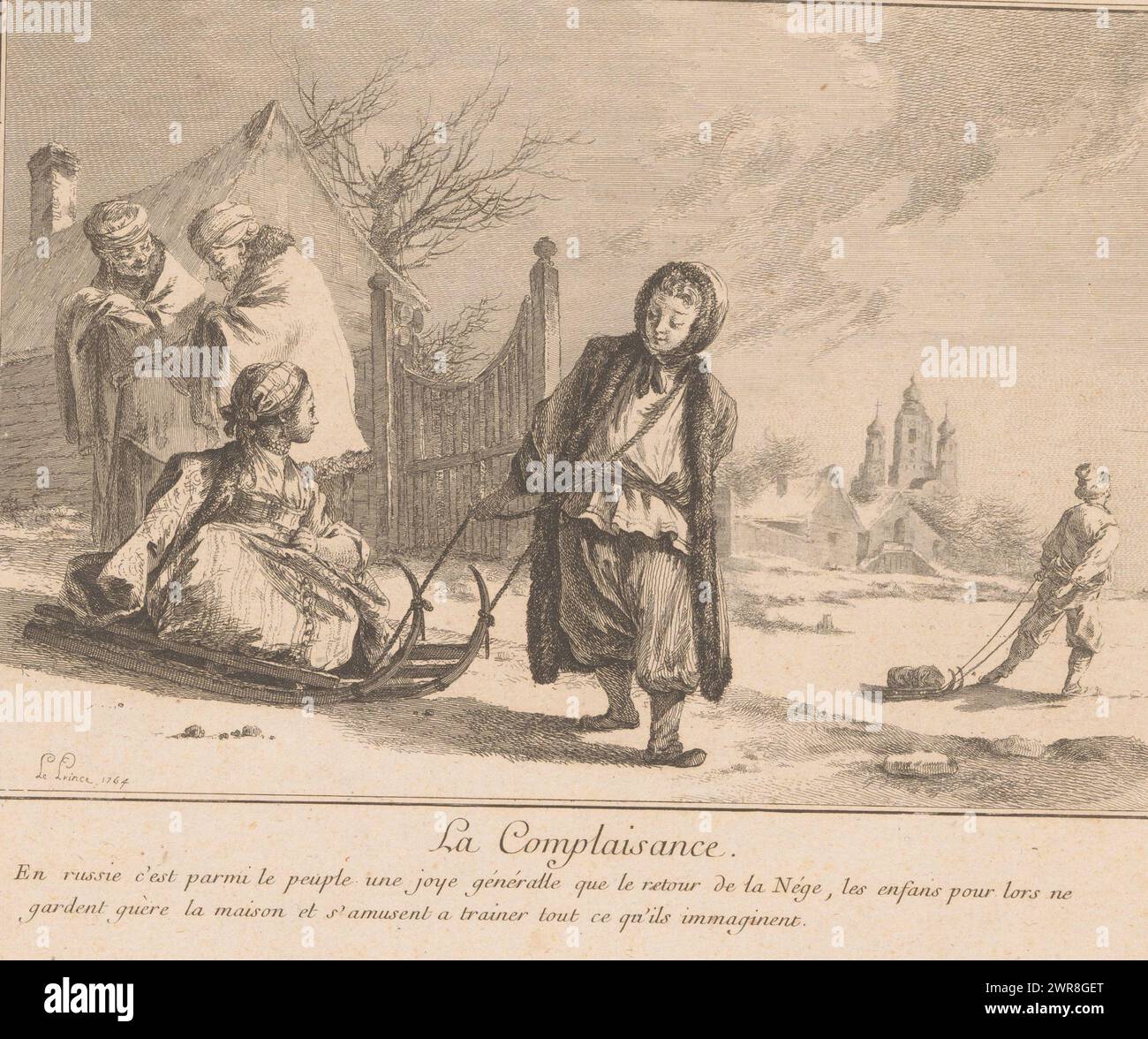 Donna che tira un'altra donna su una slitta, la complaisance (titolo su oggetto), tradizioni e costumi russi (titolo della serie), Divers Ajustements et Usages de Russie (titolo della serie), in un paesaggio invernale una donna tira un'altra donna su una slitta. A sinistra un vecchio e una vecchia camminano davanti a una casa. Sulla destra un uomo cammina sul ghiaccio., stampatore: Jean Baptist Leprince, 1764, carta, incisione, altezza 204 mm x larghezza 253 mm, stampa Foto Stock