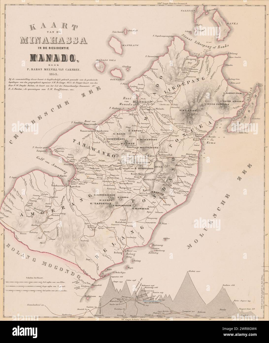 RP-P-2018-3282, Mappa di Minahassa con una distribuzione di gradi e una mappa di altezza in basso a destra., stampatore: Desiré Heyse, dopo disegno di: Cronenberg & Wolff, Pieter baron Melvill van Carnbee, stampatore: The Hague, editore: Batavia, 1853, carta, altezza 535 mm x larghezza 400 mm, stampa Foto Stock