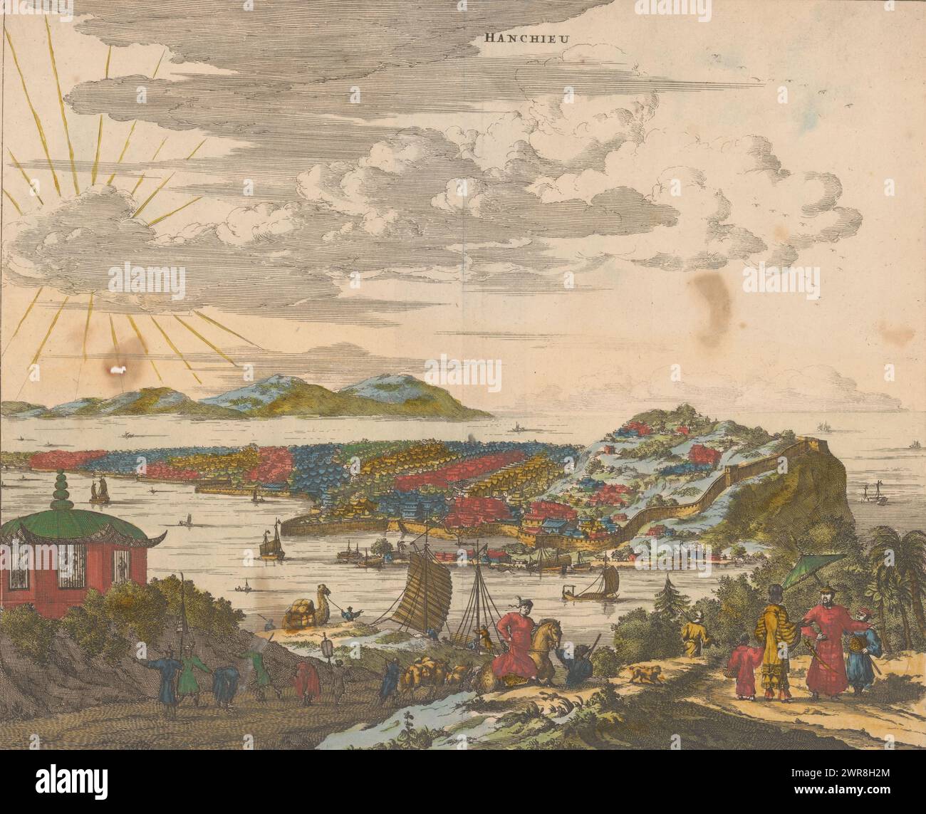 Vista di una città in Cina, Hanchieu (titolo sull'oggetto), città cinese murata su un'isola, vista dalla riva opposta del fiume. Figure in primo piano e navi cinesi a vela sul fiume. Un piccolo edificio sul lato anteriore sinistro. Sopra la stampa un'iscrizione in inglese (a sinistra): 'The Chief Citie in y[e] Province of Chekiang', e in olandese (a destra): 'De Hooft Stadt in de Provincie Chekiang'., stampatore: Anonimo, dopo disegno di: John Ogilby, editore: Thomas Johnson (17de eeuw), Londra, 1671, carta, incisione, altezza 289 mm x larghezza 350 mm, stampa Foto Stock