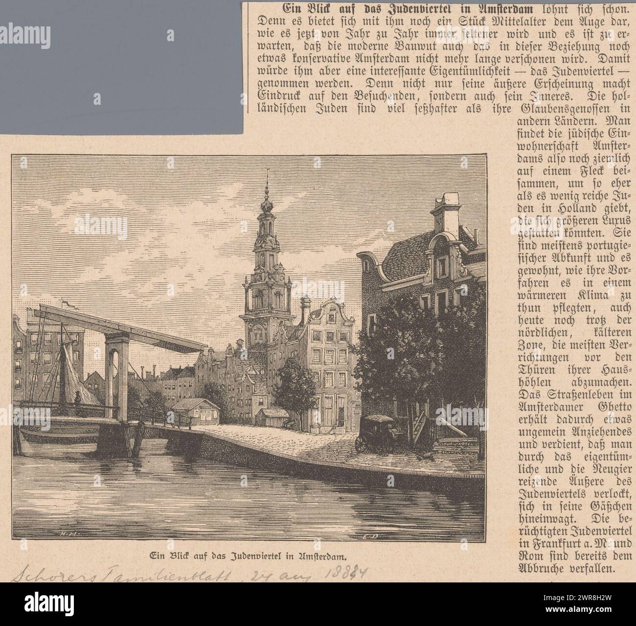 Vista del vecchio quartiere ebraico di Amsterdam, vista del Judenviertel di Amsterdam (titolo sull'oggetto) e delle torri Zuiderkerkstoren sopra le case. Monogramma nel blocco, in basso a sinistra 'H.H.' e in basso a destra 'E.D.'., stampatore: Sconosciuto, editore: J.H. Schorer, Berlino, 1884, carta, incisione legno, stampa letterpress, altezza 142 mm x larghezza 159 mm, stampa Foto Stock